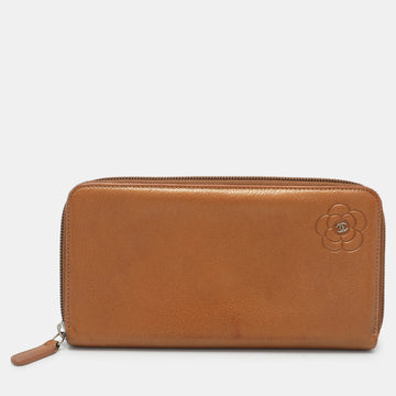 Brown Leather Camellia Zip Around Wallet