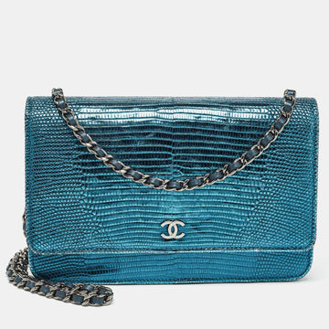 Metallic Teal Lizard CC Classic Wallet on Chain