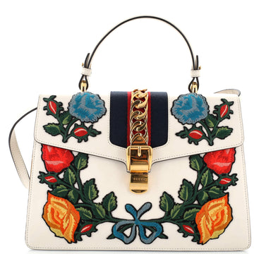 GUCCI Sylvie Top Handle Bag Embroidered Leather Medium