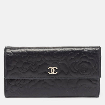 Black Camellia Embossed Leather Large Flap Wallet