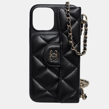 Black Lambskin Quilted iPhone 12Pro Chain Case
