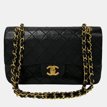 Black Lambskin Leather Small Classic Double Flap Shoulder Bag