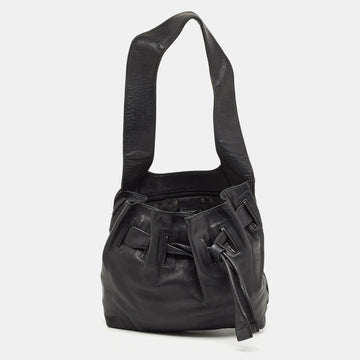 Black Leather Drawstring Hobo
