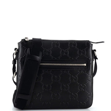 GUCCI Front Zip Messenger GG Embossed Perforated Leather Small