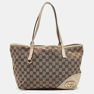 Beige/Off White GG Canvas and Leather Britt Tote