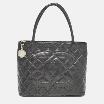 Black Quilted Caviar Leather Medallion Tote