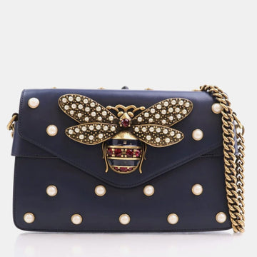 Blue Leather Broadway Pearly Bee Shoulder Bag
