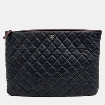 Black Lambskin Quilted Large Pouch