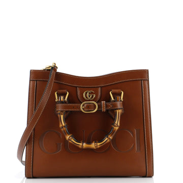 Diana NM Logo Bamboo Handle Tote Embossed Leather Small