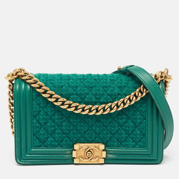Green Quilted Tweed and Leather Medium Boy Flap Bag