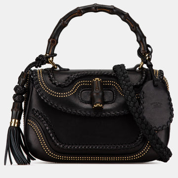 Black Leather Medium Studded New Bamboo Tassel Satchel Bag