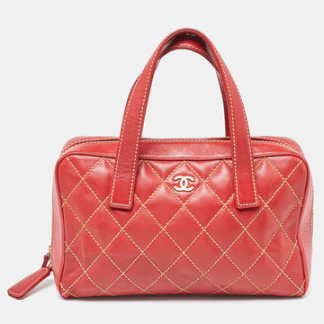 Red Quilted Leather Surpique Bowler Bag