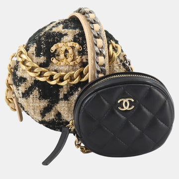 Beige Black Houndstooth Tweed Leather 19 Round Chain Shoulder Bag