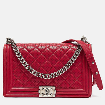Red Quilted Perforated Leather New Medium Boy Bag