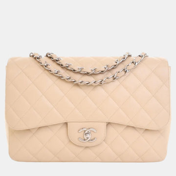 Beige Leather Jumbo Classic Single Flap Shoulder Bag