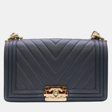 Navy Blue Lambskin Leather Medium Chevron Boy Shoulder Bag