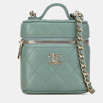 Green Caviar Quilted Small Handle With Care Vanity Case With Chain