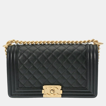 Black Caviar Skin Boy Chain Shoulder Bag 25cm