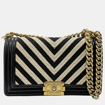 Black/Ivory Leather Medium Chevron Boy Shoulder Bags