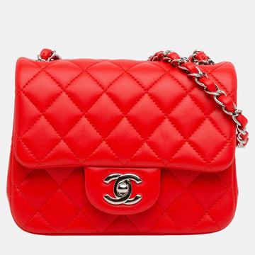 Red Mini Square Classic Lambskin Single Flap