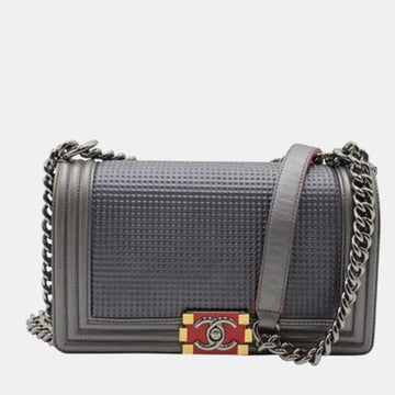 Dark Grey Cube Embossed Lambskin Leather Large Boy Bag