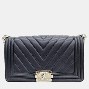 Navy Blue Lambskin Leather Medium Chevron Boy Shoulder Bag