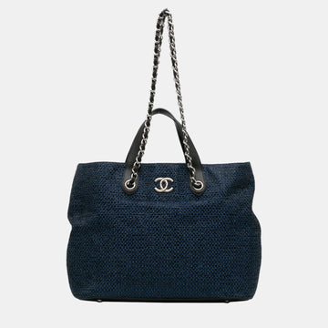 Navy Blue Straw and Caviar Leather Drawstring Shopping Tote Bag
