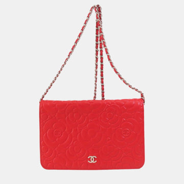 Red Camellia Leather Embossed Wallet On Chain