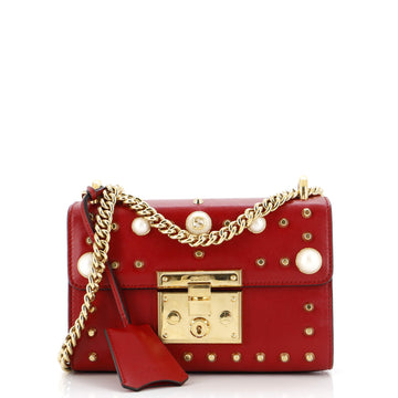 GUCCI Pearly Padlock Shoulder Bag Studded Leather Small