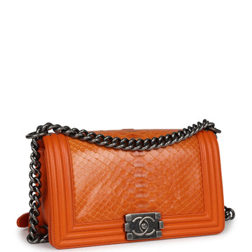New Chanel Medium Boy Bag Orange Python Aged Ruthenium Hardware
