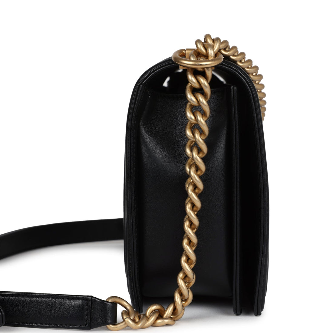 New Chanel New Medium Chevron Boy Bag Black Calfskin Antique Gold Hardware