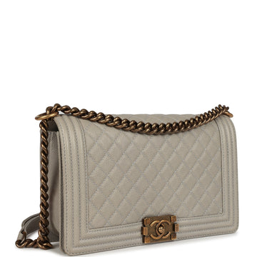 New Chanel New Medium Boy Bag Grey Caviar Antique Gold Hardware