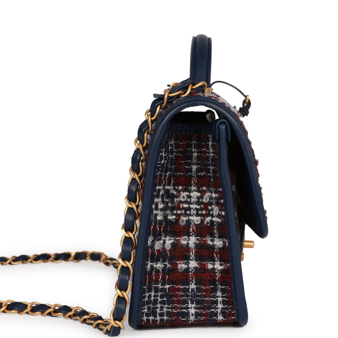 Chanel Medium School Memory Flap Bag with Top Handle Navy Multicolor Tweed Aged Gold Hardware