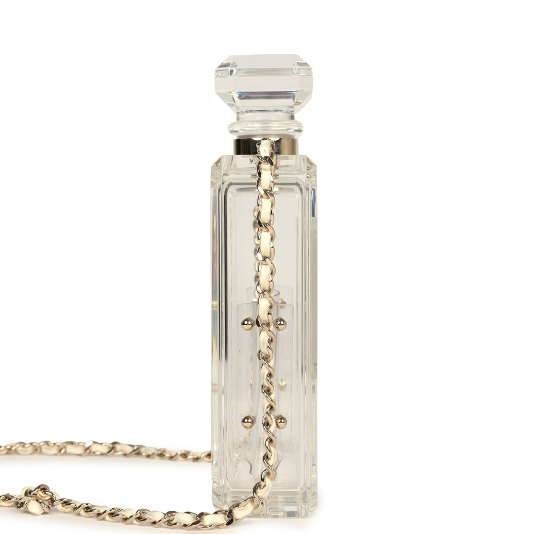 New Chanel Minaudiere No. 5 Perfume Clutch Transparent Plexiglass Light Gold Hardware