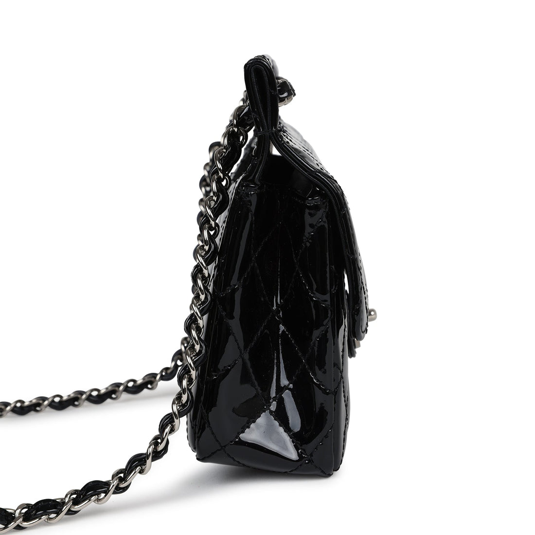 Chanel Chain Through Flap Bag Black Patent Silver Hardware