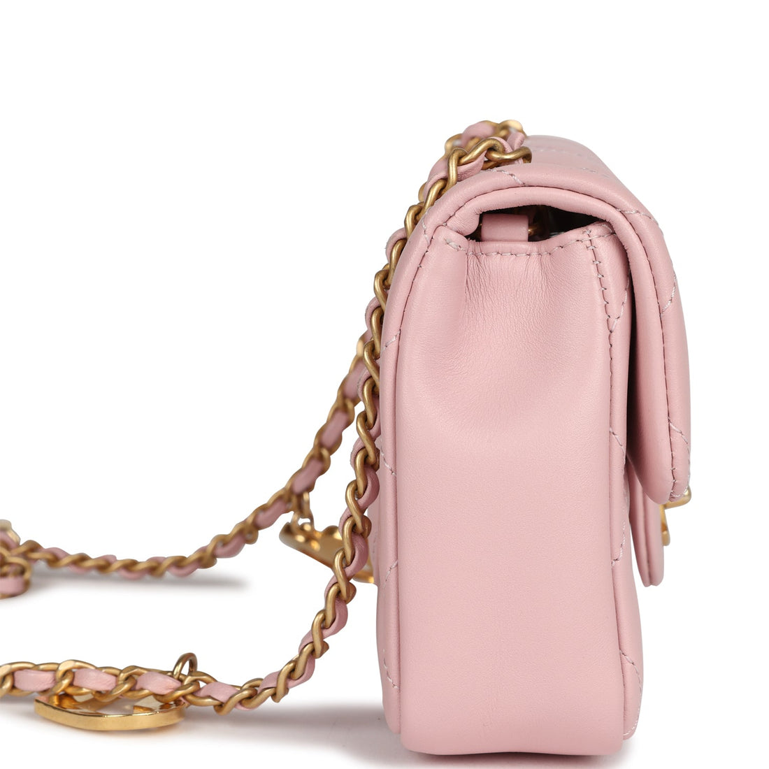 New Chanel Mini Rectangular Flap Bag with Heart Chain Pink Lambskin Antique Gold Hardware