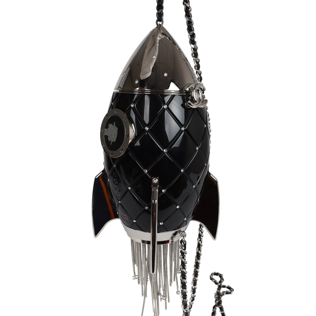 New Chanel Limited Edition Rocket Ship Minaudière Bag Black Lucite and Crystals Silver Hardware