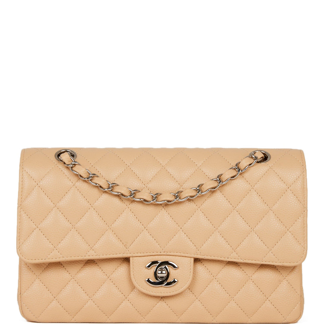 Chanel Medium Classic Double Flap Bag Beige Caviar Silver Hardware