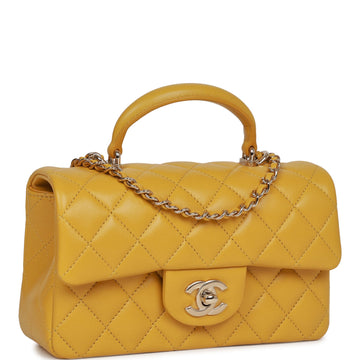 Chanel Mini Rectangular Flap with Top Handle Yellow Lambskin Light Gold Hardware