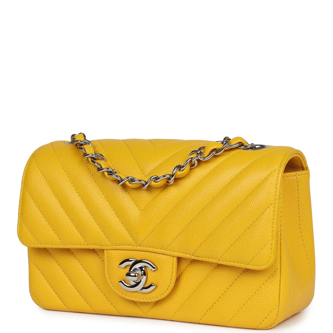 New Chanel Mini Rectangular Flap Yellow Chevron Caviar Silver Hardware