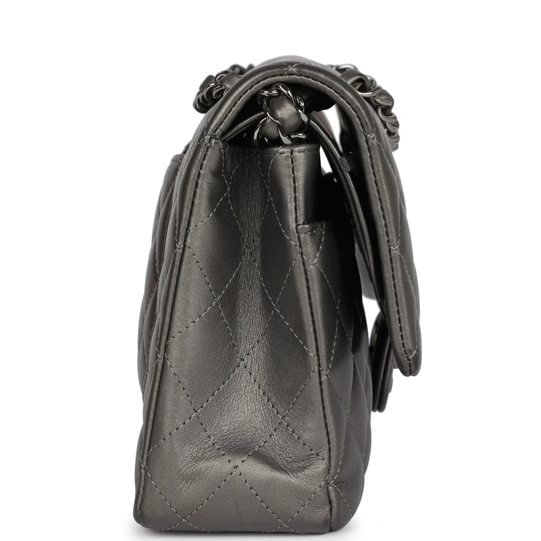 New Chanel Medium Classic Double Flap Bag Metallic Grey Lambskin Silver Hardware