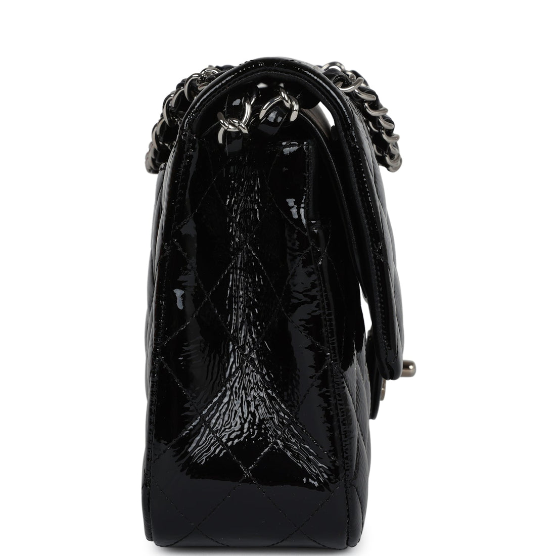 New Chanel Medium Classic Double Flap Bag Black Crumpled Patent Leather Silver Hardware