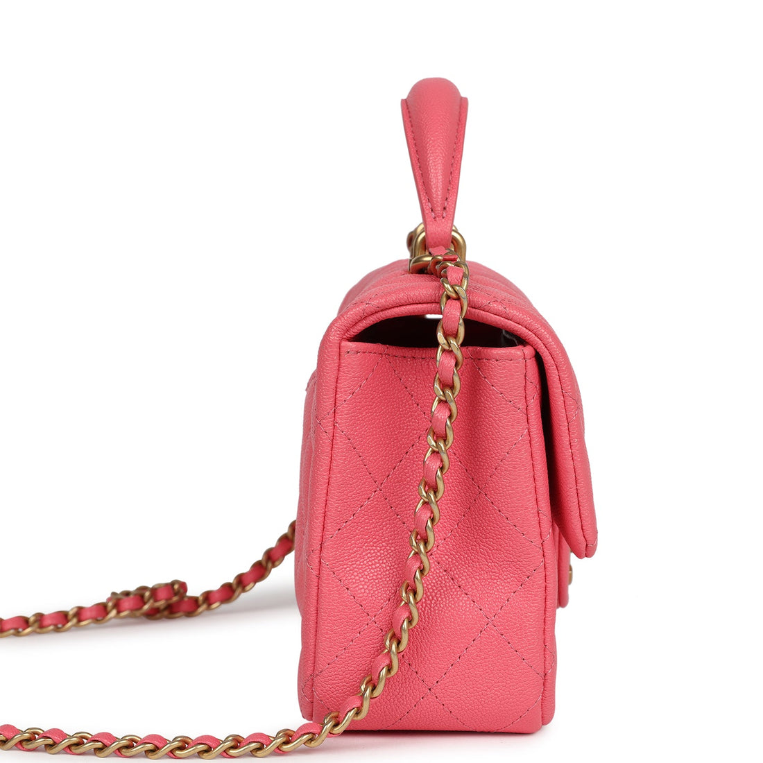 New Chanel Mini Rectangular Flap with Top Handle Hot Pink Caviar Antique Gold Hardware