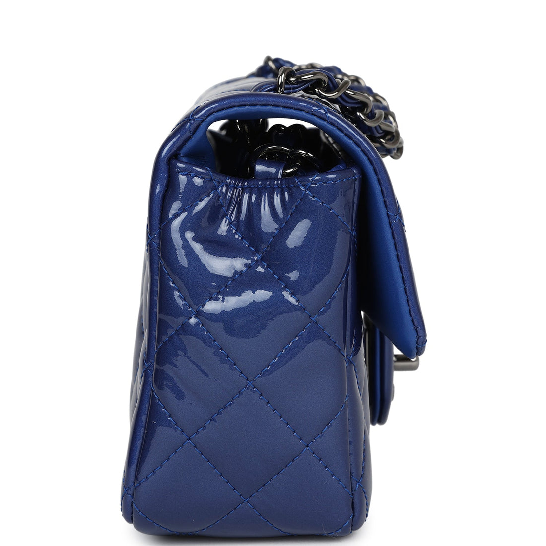 New Chanel Mini Rectangular Flap Bag Blue Patent Ruthenium Hardware