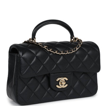 New Chanel Mini Rectangular Flap with Top Handle Black Lambskin Light Gold Hardware