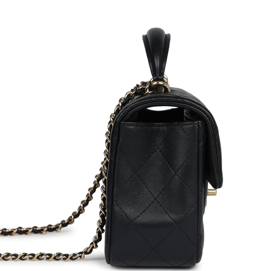 New Chanel Mini Rectangular Flap with Top Handle Black Lambskin Light Gold Hardware