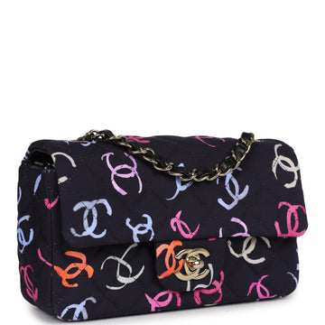 New Chanel Mini Rectangular Flap Bag Navy Multicolored Printed Fabric Gold Hardware
