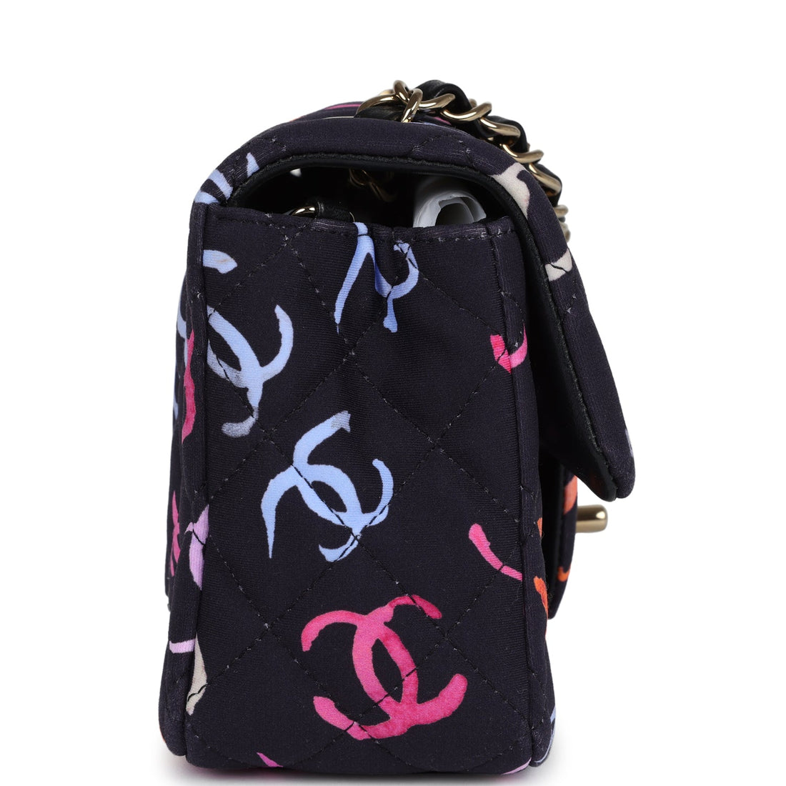 New Chanel Mini Rectangular Flap Bag Navy Multicolored Printed Fabric Gold Hardware