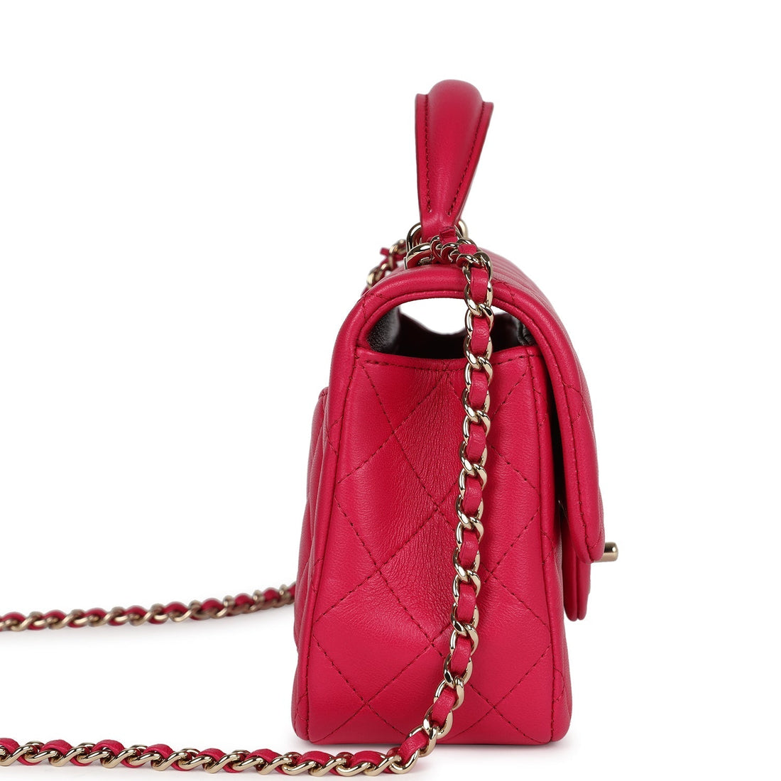 New Chanel Mini Top Handle Rectangular Flap Bag Fuchsia Lambskin Light Gold Hardware