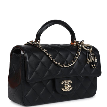 New Chanel Mini Rectangular Top Handle Flap Bag Black Lambskin Light Gold Hardware
